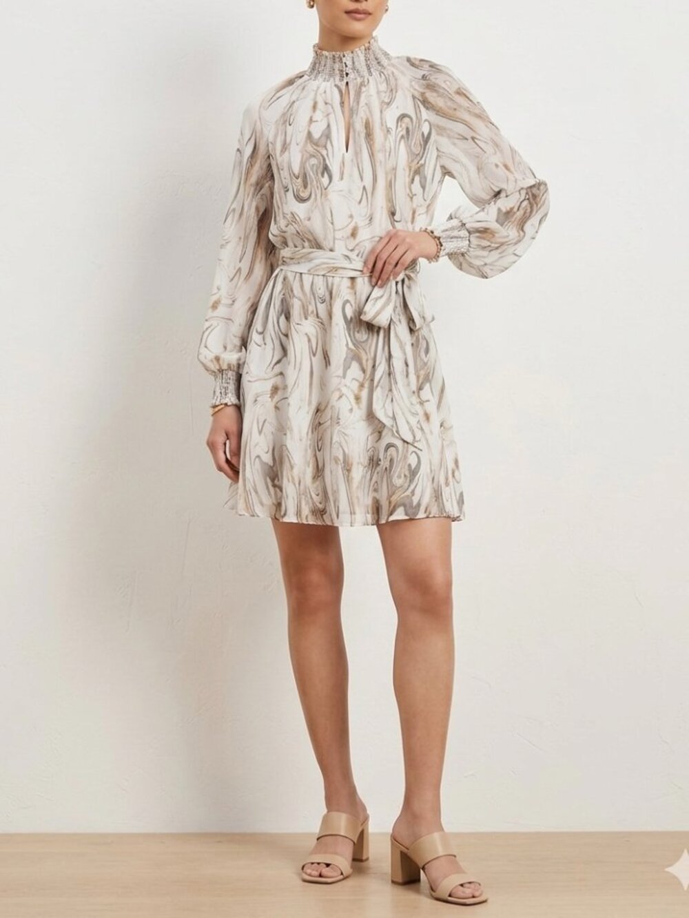 Banana Republic Womens Marbled Smocked Sheer Mini Dress Underslip Sz XS BohoChic